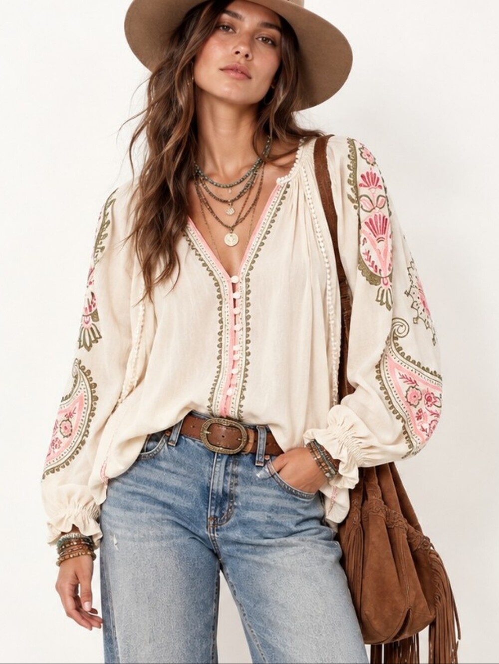 Hale Bob Cream Boho Embroidered Peasant Blouse with Pink & Olive Accents